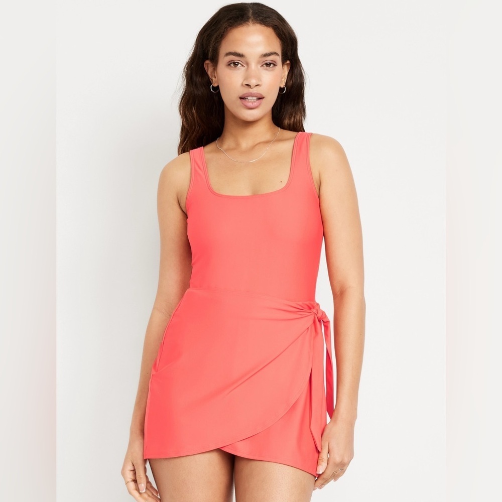 NWT Old Navy Matte Side Tie Swim Coral Tropics Dress Size Small